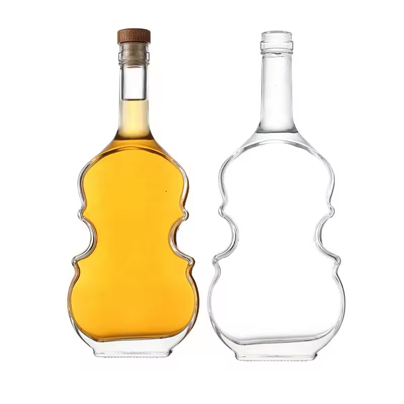 Violin Shape Bottle 750ml Glass Bottle Super Flint Glass Liquor Bottle Tequila Whisky Vodka Gum Brandy with Cork Stopper