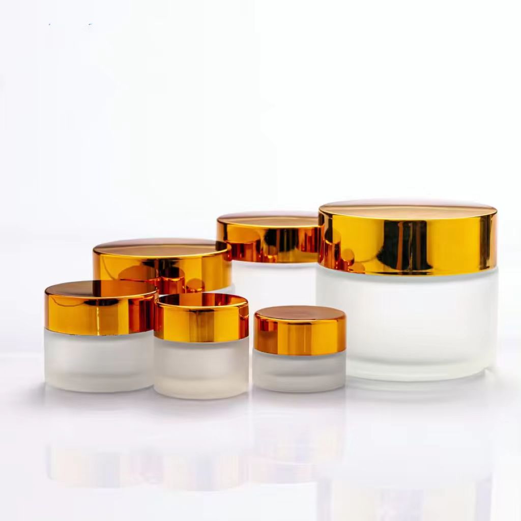 High quality clear frosted cream glass bottles cream jars with Golden aluminum plastic cap for cosmetic