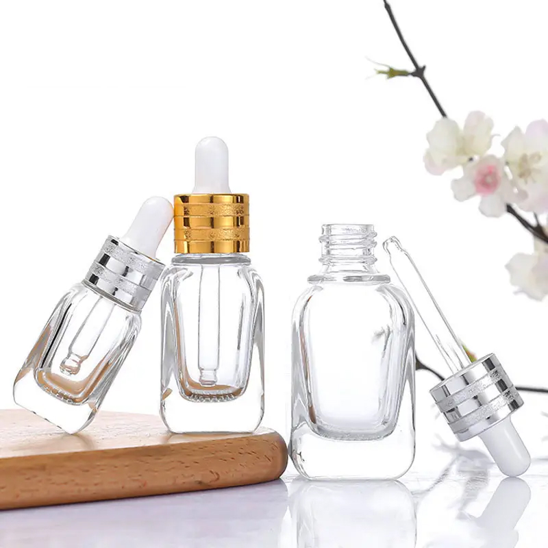 Fashion Design 30ml 50ml 100ml Clear Square Glass Cosmetic Packaging Luxury Serum Dropper Bottle